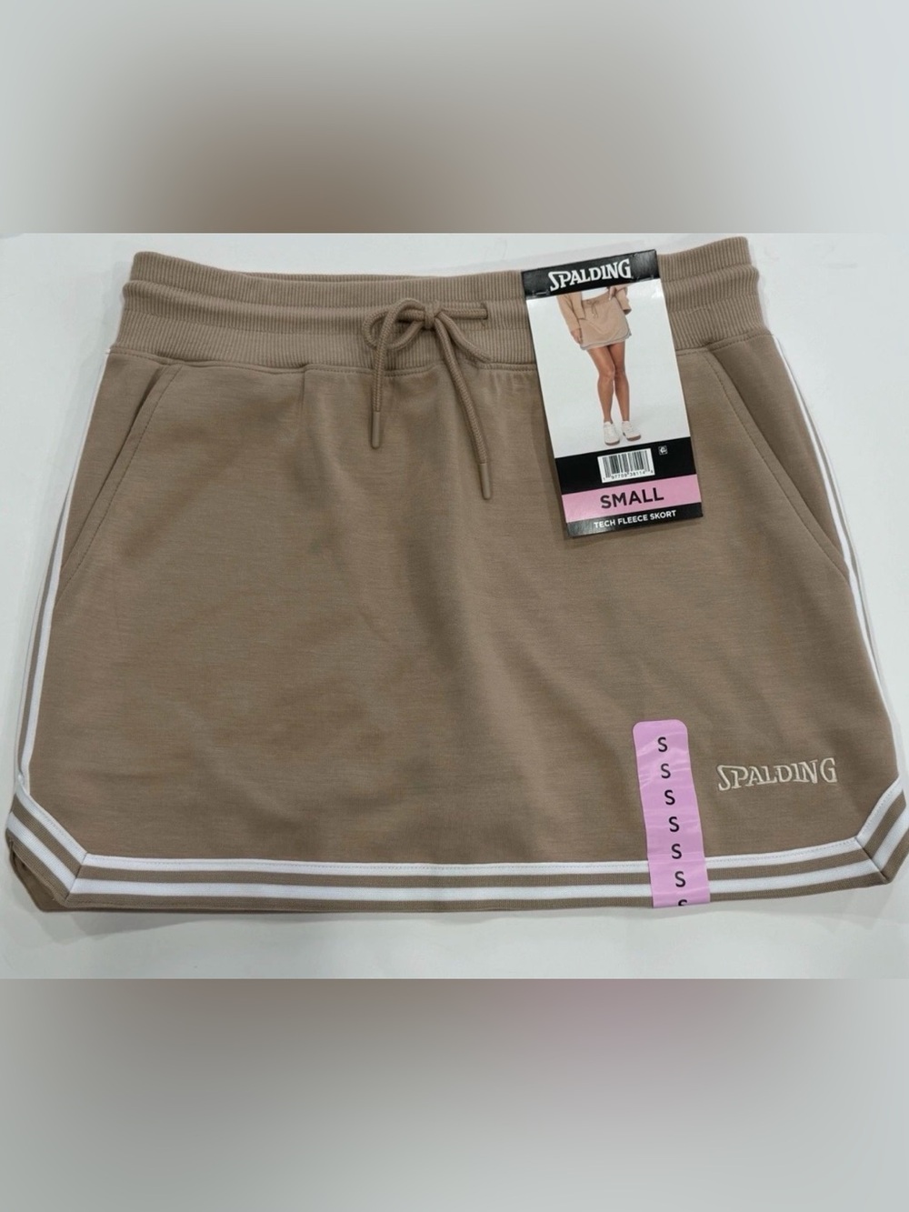 Spalding Taupe Drawstring Tech Fleece Skort with White Stripes size S